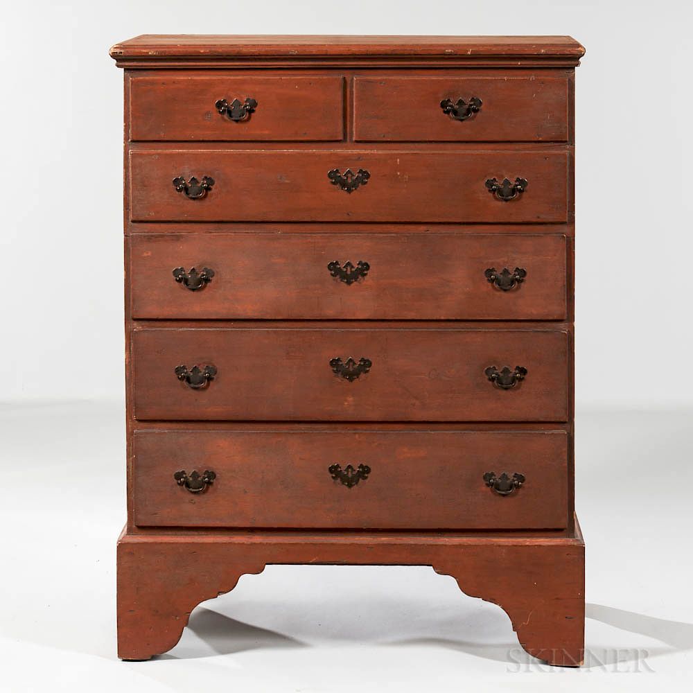 Appraisal: Red-painted Blanket Chest over Three Drawers Red-painted Blanket Chest over