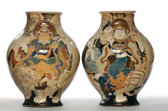 Appraisal: PAIR MASSIVE SATSUMA VASES Pair of massive Japanese Satsuma vases