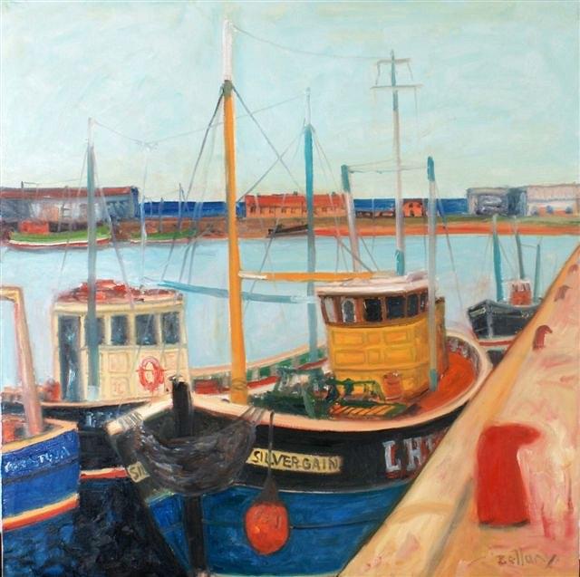 Appraisal: JOHN BELLANY b - Harbour scene with moored fishing vessels