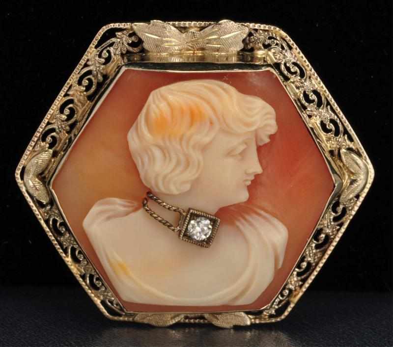 Appraisal: K Y Gold Shell Cameo Pin Description Hexagonal shape and