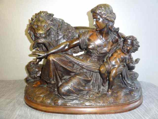 Appraisal: BULIO Jean Classical Bronze of Woman Child Lion A nice