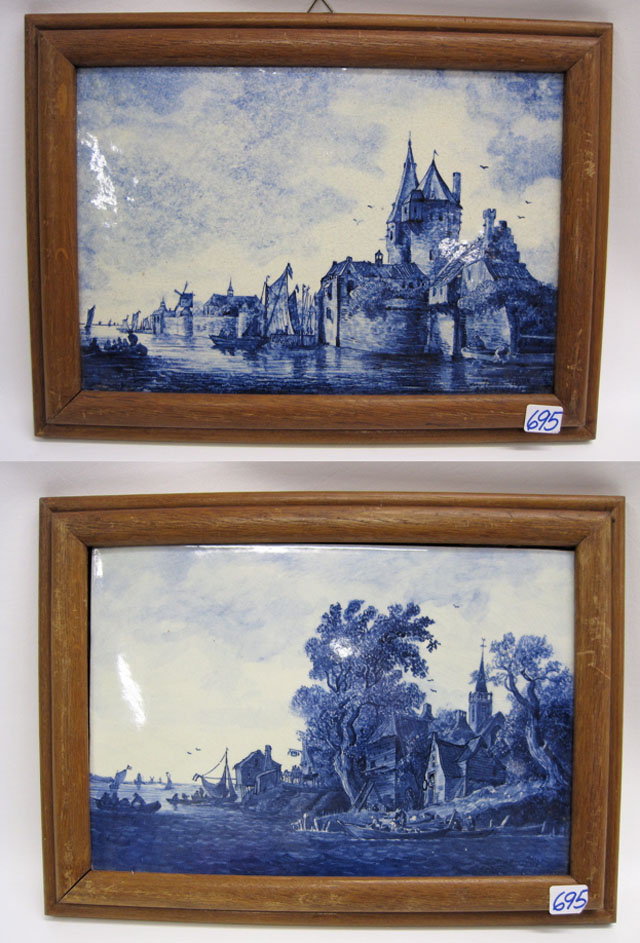 Appraisal: PAIR OF GOUDA HOLLAND DELFT SIGNED TILES of Dutch water