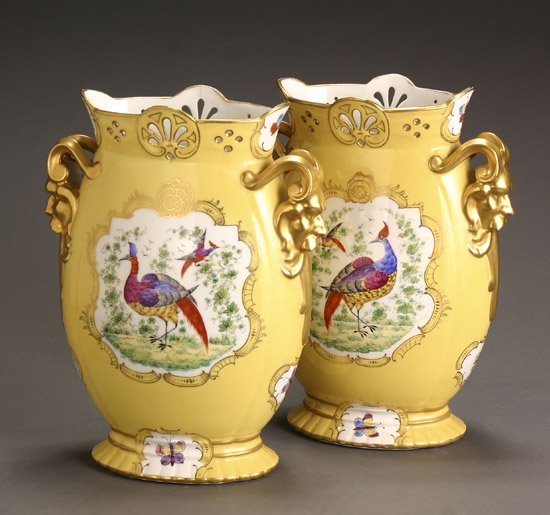 Appraisal: Pair of Limoges Porcelain Chelsea-Style Yellow Ground Vases Probably Boisbertrand