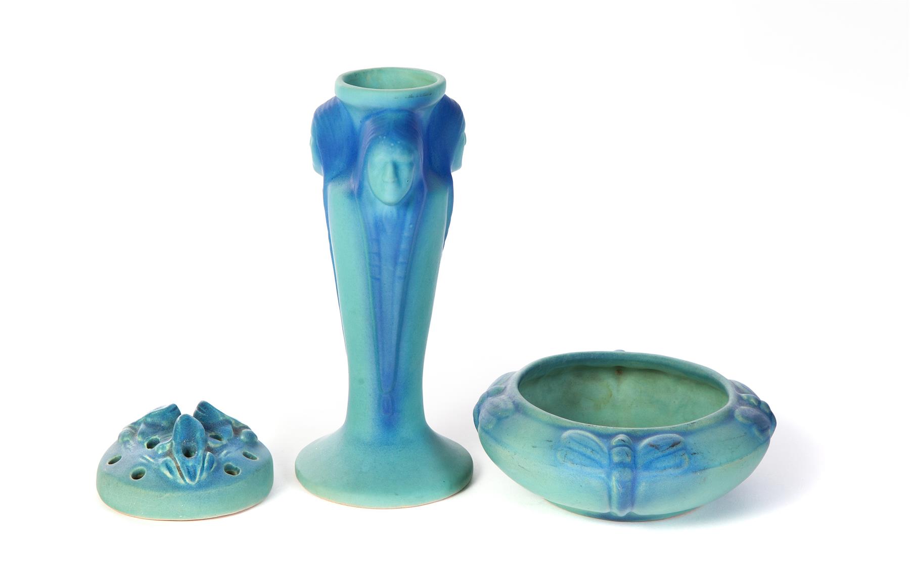 Appraisal: THREE PIECESOF VAN BRIGGLE TURQUOISE ART POTTERY American mid th