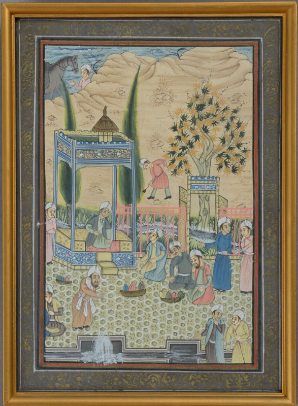 Appraisal: PERSIAN SCHOOL TH C FIGURES IN GARDEN PAVILLIONS SET OF