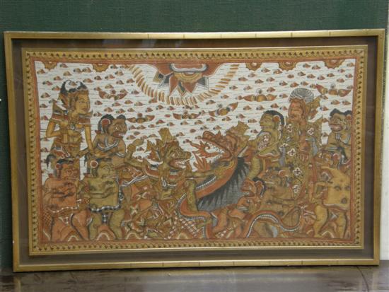 Appraisal: Indonesian painting on cloth depicting mythical creatures and other figures