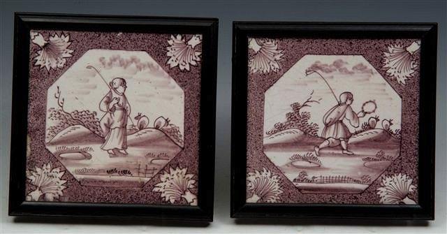 Appraisal: A PAIR OF DELFTWARE MANGANESE TILES each decorated with figures