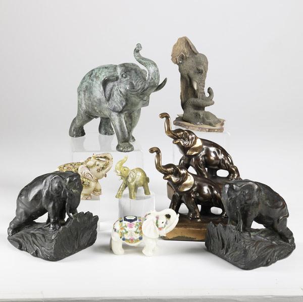 Appraisal: ELEPHANT GROUPING Nine pieces include two pair of bookends one