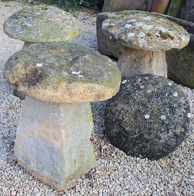 Appraisal: A GROUP OF THREE OLD STADDLE STONES with circular tops