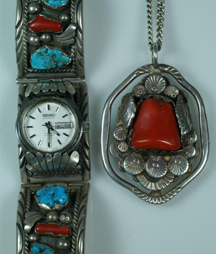 Appraisal: Native American items Silver coral and turquoise wrist watch with