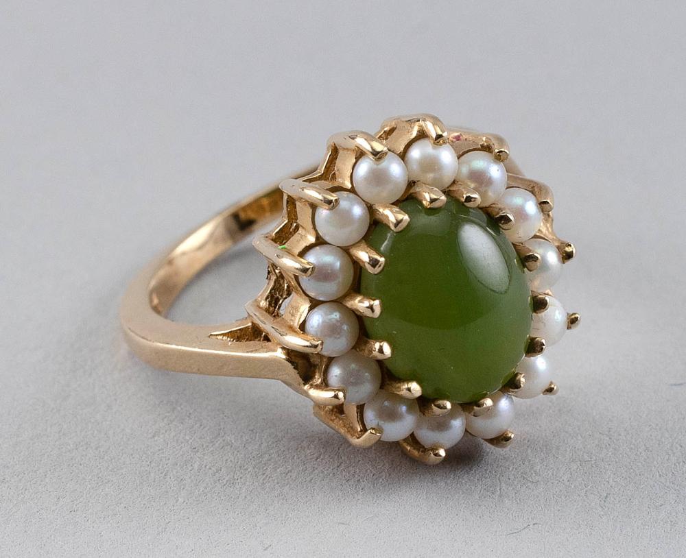 Appraisal: KT GOLD JADE AND SEED PEARL RING TH CENTURY KT