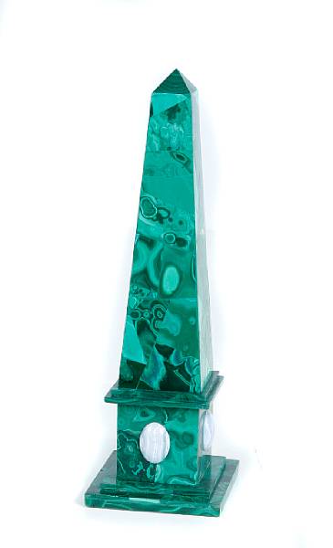 Appraisal: A pair of malachite obelisks height in width in depth