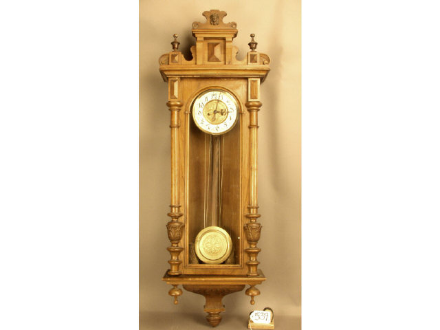 Appraisal: Large two weight regulator wall clock mahogany veneered case with