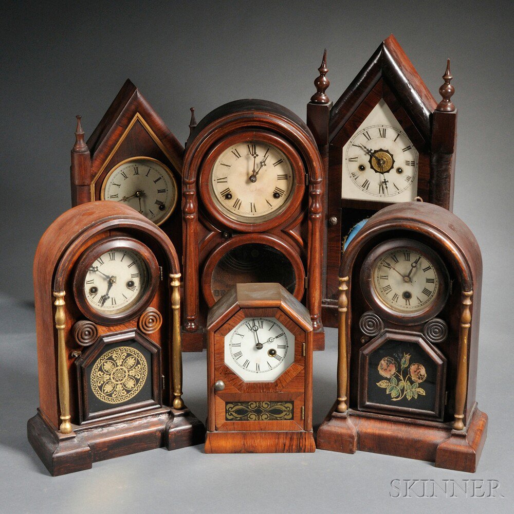 Appraisal: Six Connecticut Shelf Clocks two Sharp Gothic a thirty-hour time