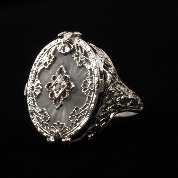 Appraisal: Victorian Sterling Silver Filigree Ring with diamond on frosted crystal