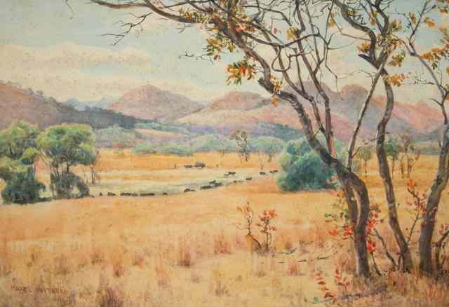 Appraisal: MABEL WITHERS - South African landscape with cattle signed watercolour