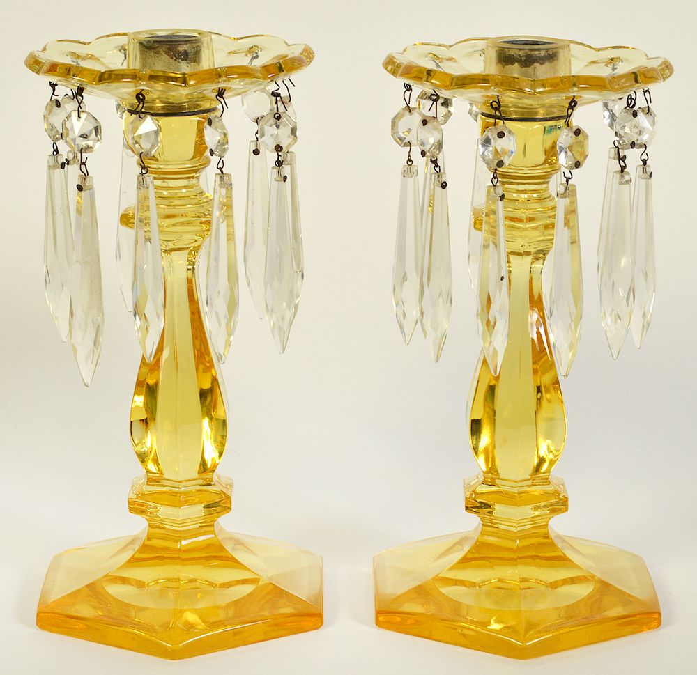 Appraisal: Pr Heisey Sahara Yellow Glass Candlestick Pair of candlesticks by