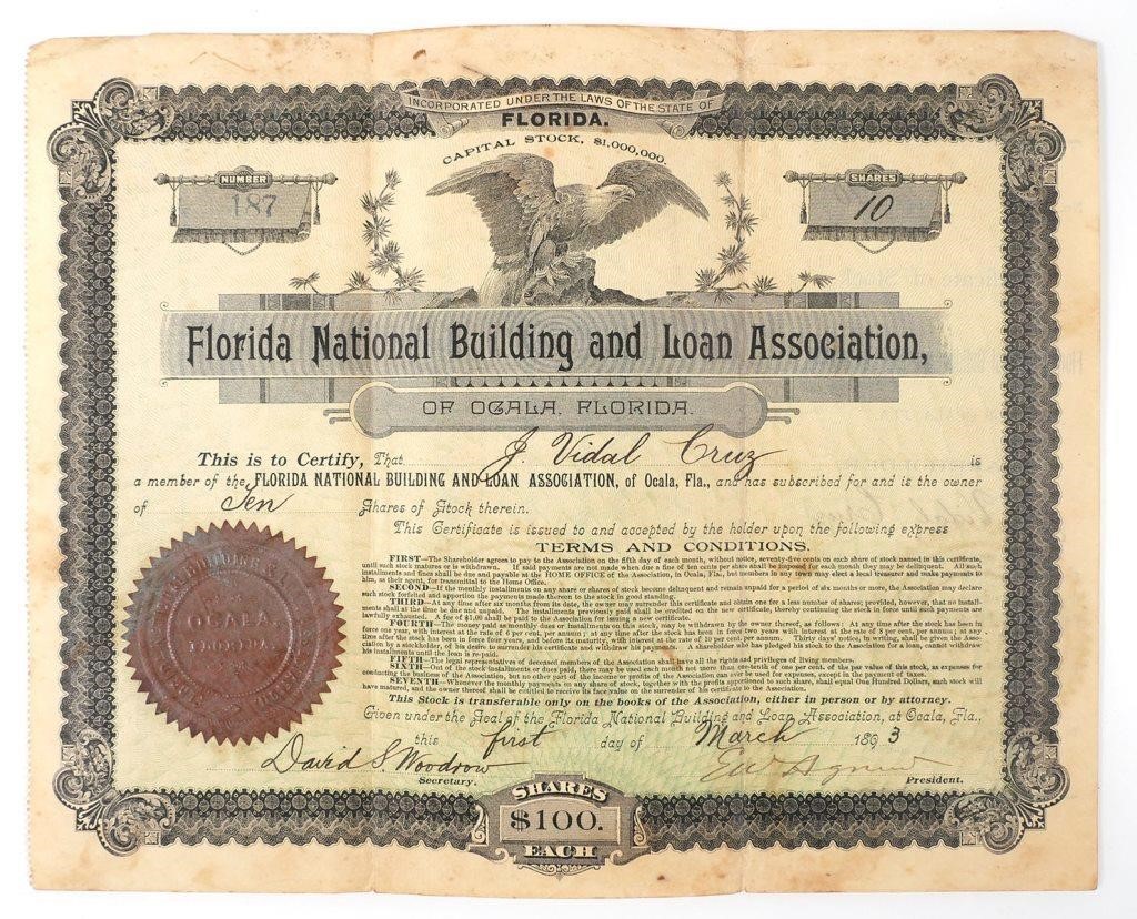 Appraisal: Stock certificate issued in to J Vidal Cruz owner of