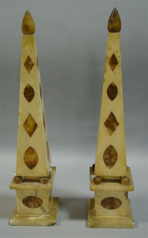 Appraisal: PAIR OF INLAID MARBLE AND ALABASTER OBELISKS Late th century