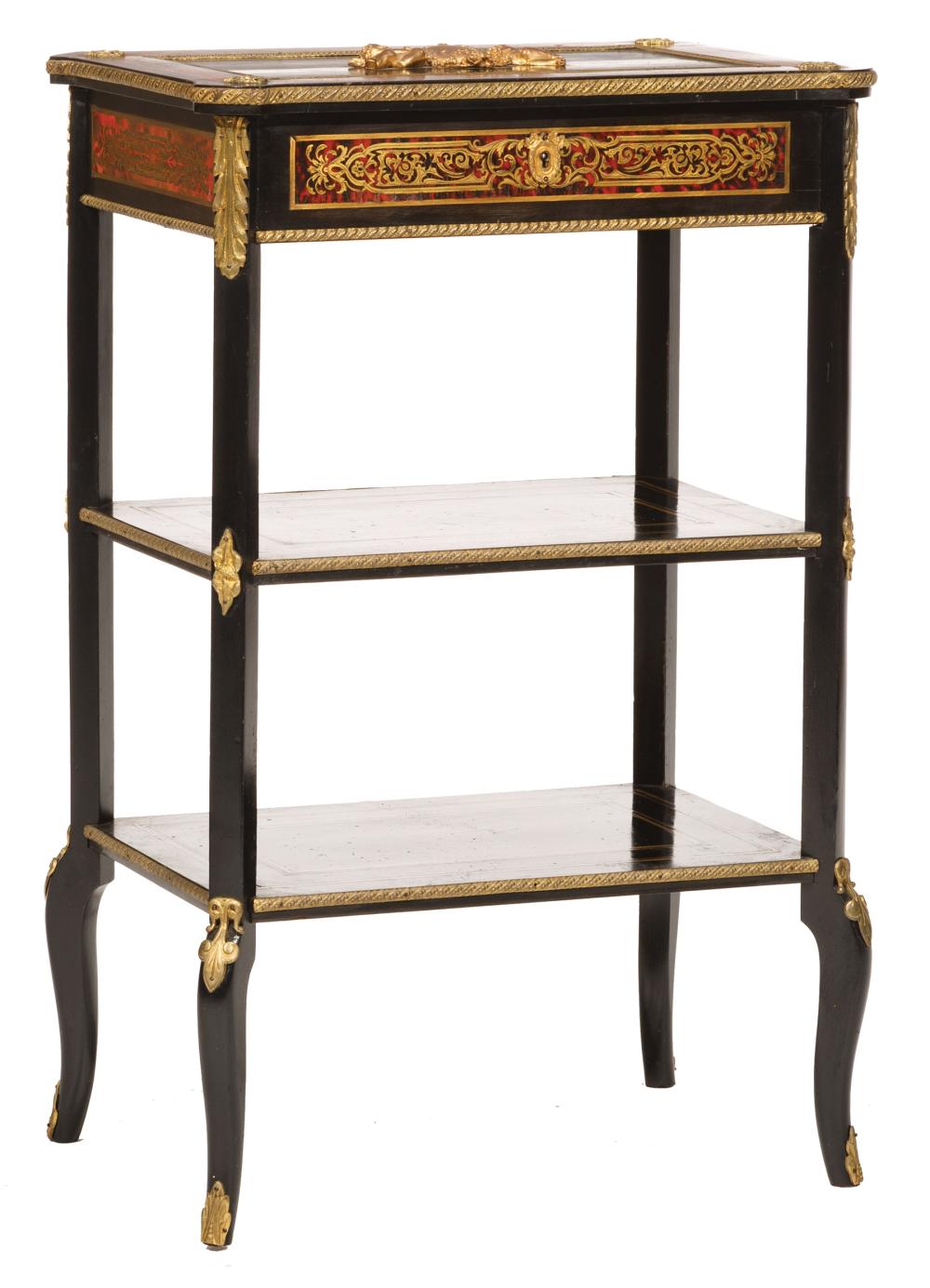 Appraisal: French Boullework Ebonized and Gilt Bronze Poudreuse lift top with