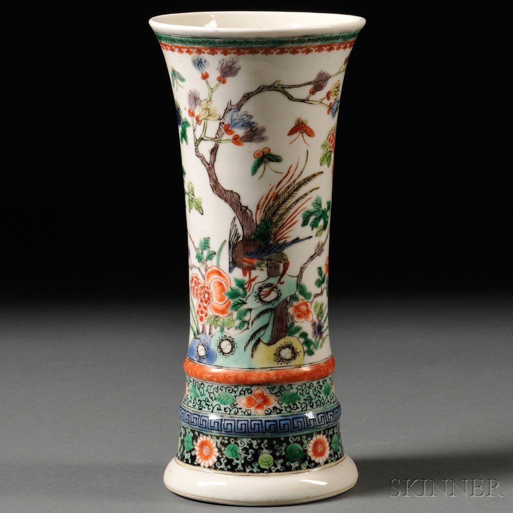 Appraisal: Famille Verte Vase China trumpet shape painted with a pheasant