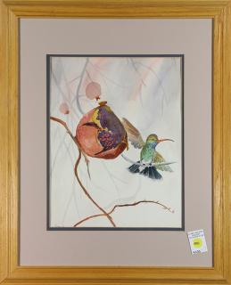 Appraisal: Watercolor Hummingbird and Persimmon Hummingbird and Pomegranate watercolor signed Tina