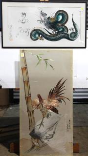 Appraisal: Japanese Silk Embroidery Rooster Dragon Painting lot of Japanese silk