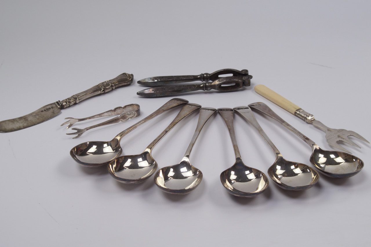 Appraisal: A set of six silver plated soup spoons initialled P