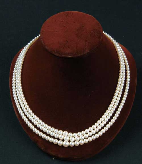 Appraisal: FINE THREE STRAND GRADUATED PEARL NECKLACE K white gold clasp