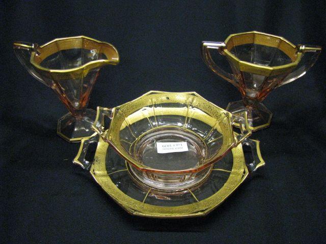 Appraisal: Pink Depression Glass Mayonaise Set cream sugar gold encrusted trim