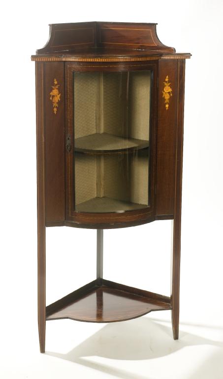 Appraisal: EDWARDIAN INLAID MAHOGANY CORNER VITRINE CABINET with bowed glazed door