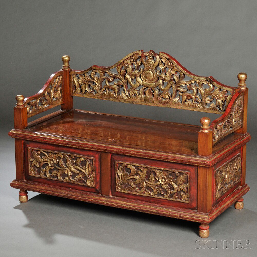 Appraisal: Backed Storage Bench China the seat with four gilt relief