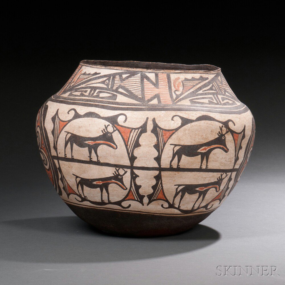 Appraisal: Zuni Polychrome Pottery Jar c with two split circles framing