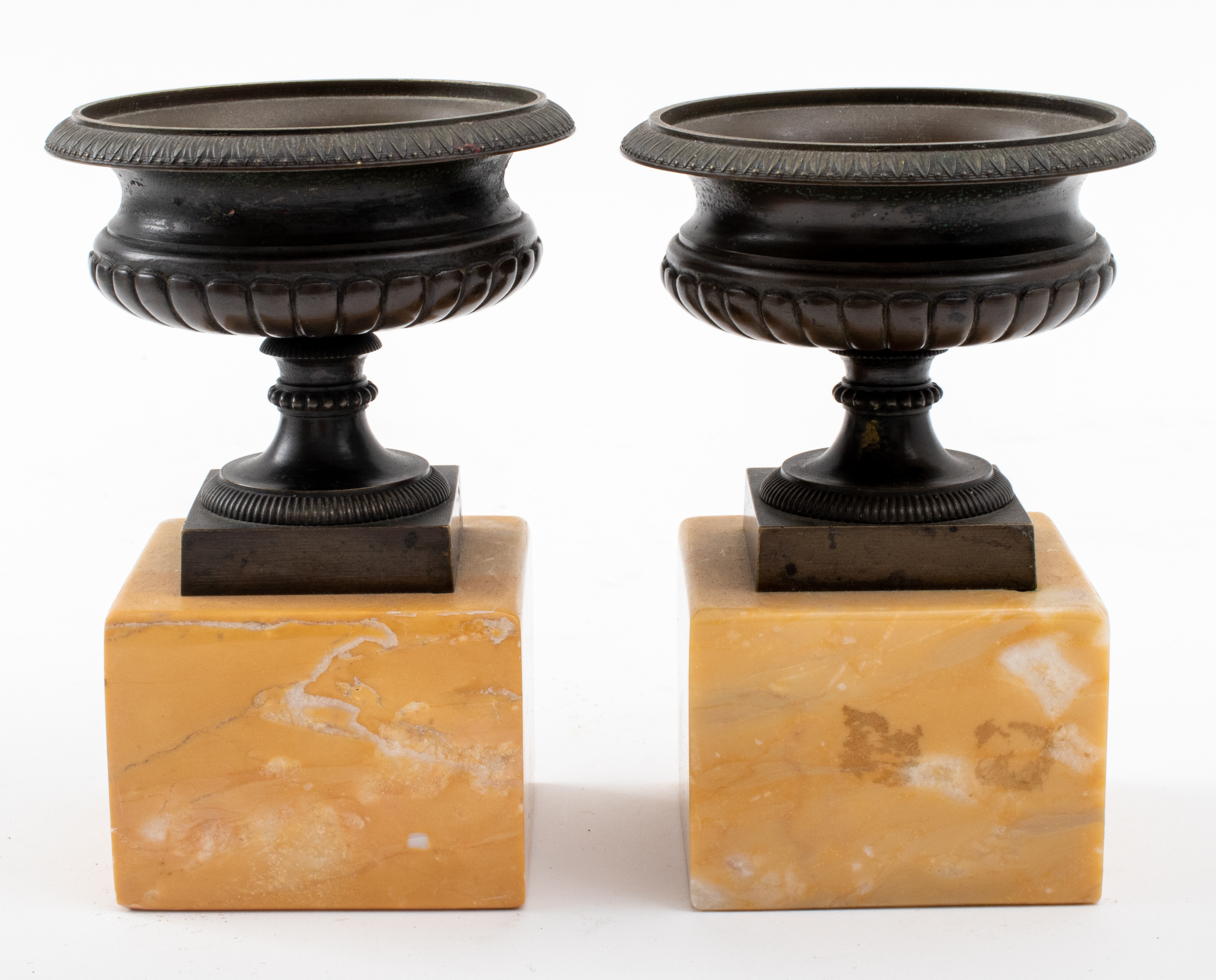 Appraisal: MINIATURE BRONZE TAZZAS ON MARBLE BASES PAIR Pair of Grand