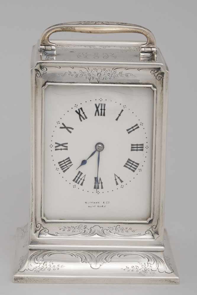 Appraisal: TIFFANY CO ENGRAVED AND MONOGRAMMED SILVER CARRIAGE CLOCK Numbered M