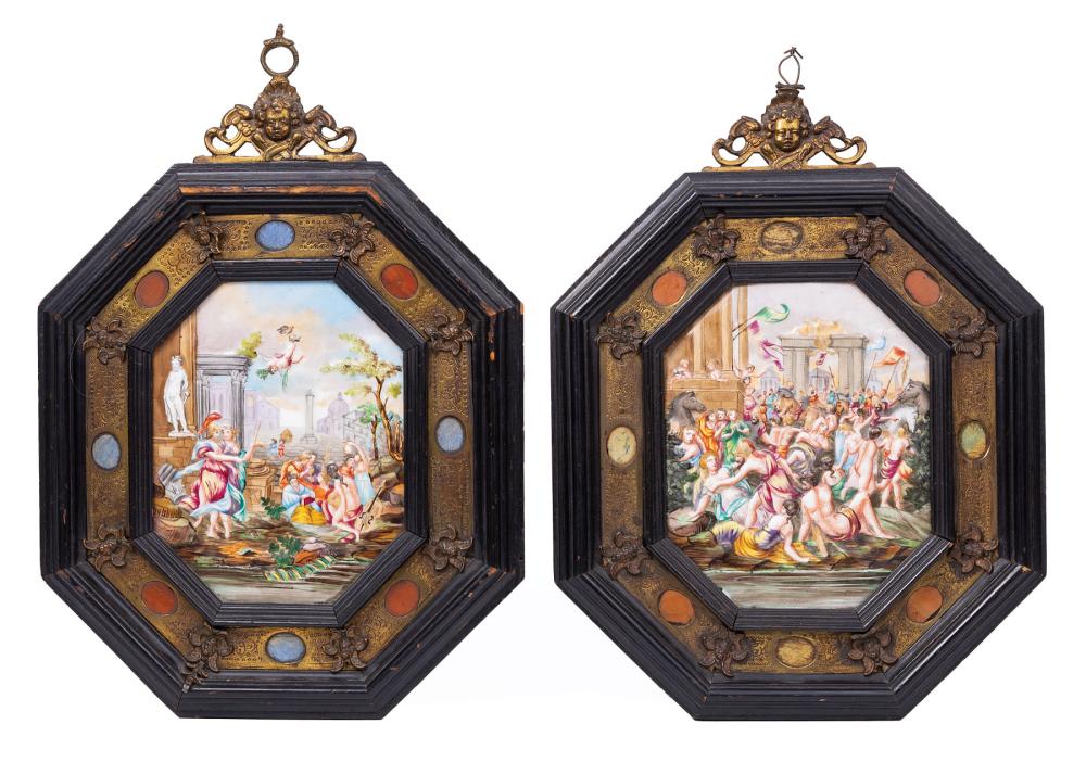 Appraisal: Pair of Capodimonte Porcelain Plaques c classical scenes the octagonal