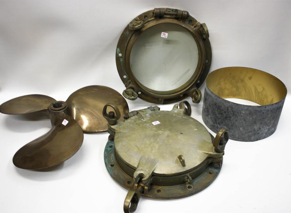 Appraisal: LOT OF NAUTICAL ITEMS two brass portholes glass one with