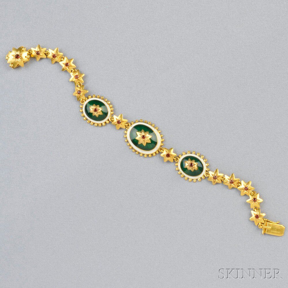 Appraisal: kt Gold Enamel and Garnet Bracelet composed of three oval