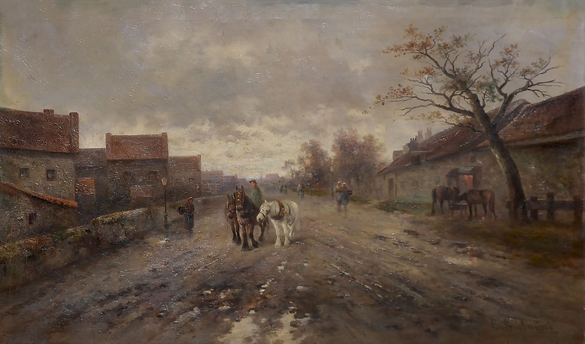 Appraisal: BARBARINI Franz Austria - Panoramic Village Street Scene with Horses