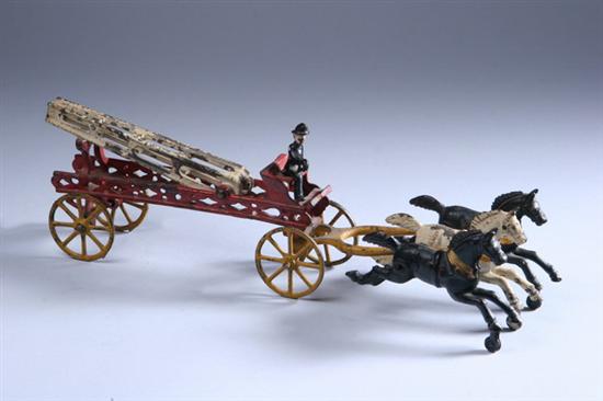 Appraisal: CAST IRON HORSE-DRAWN FIRE TRUCK WITH AERIAL LADDER Two black