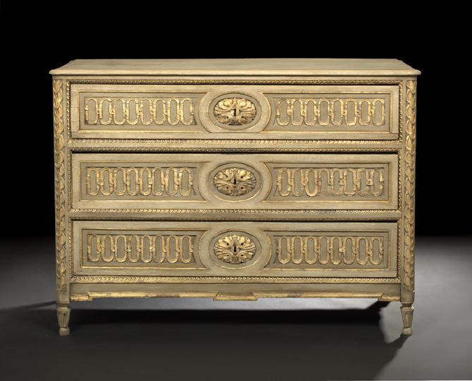 Appraisal: Louis XVI-Style Polychromed and Gilded Oak Commode th century the