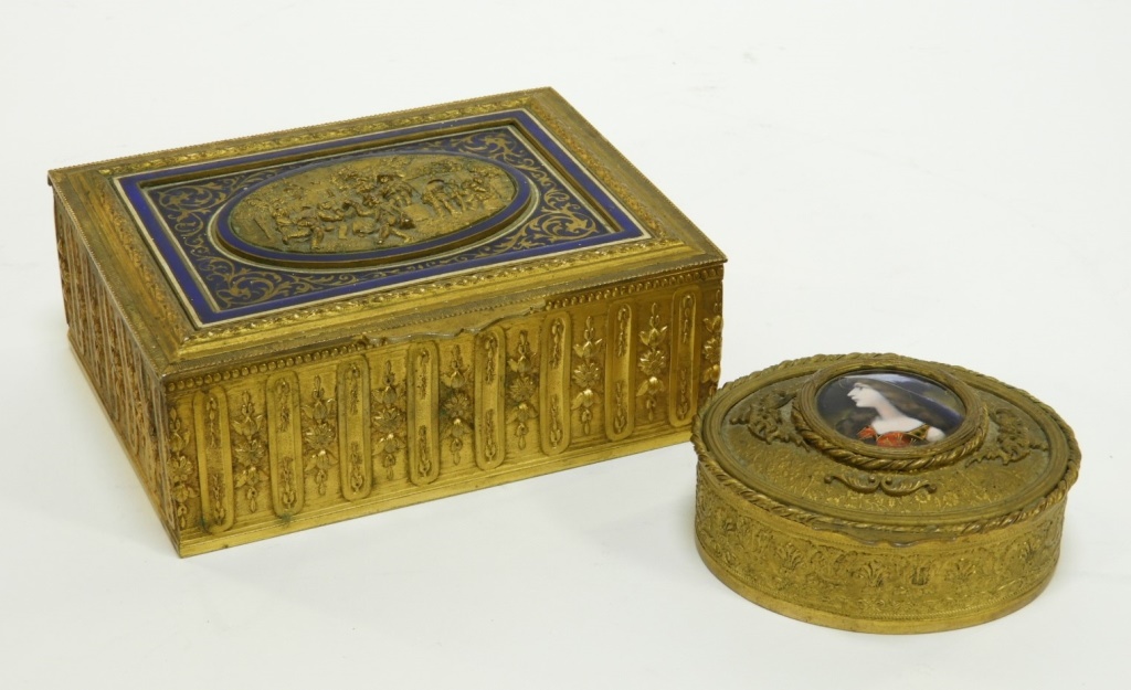 Appraisal: FRENCH GILT BRONZE ENAMEL DRESSER BOXES France th CenturyOne rectangular