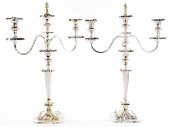 Appraisal: Pair Gorham silverplate three-light candelabra baluster center stem with ornate