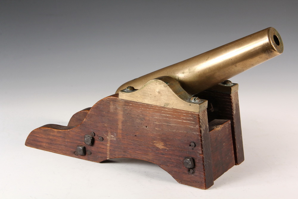 Appraisal: MARINE SIGNAL CANNON - Miniature Bronze Parrot Gun on walnut