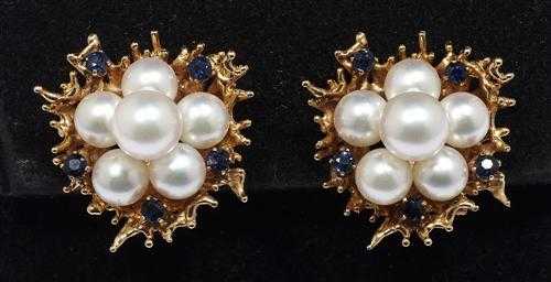 Appraisal: PEARL AND SAPPHIRE CLIP EARRINGS ca Pink gold Elegant clip