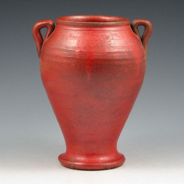 Appraisal: Carolina handled vase in chrome red glaze most likely the