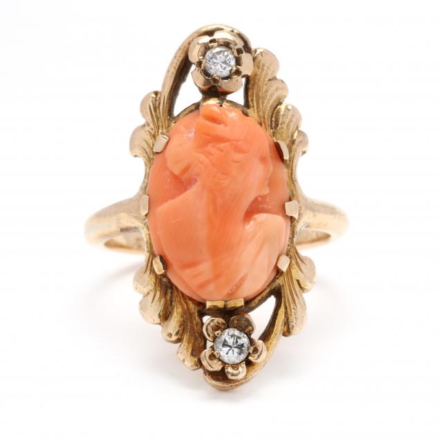 Appraisal: Vintage Gold Coral Cameo and Diamond Ring The vintage gold