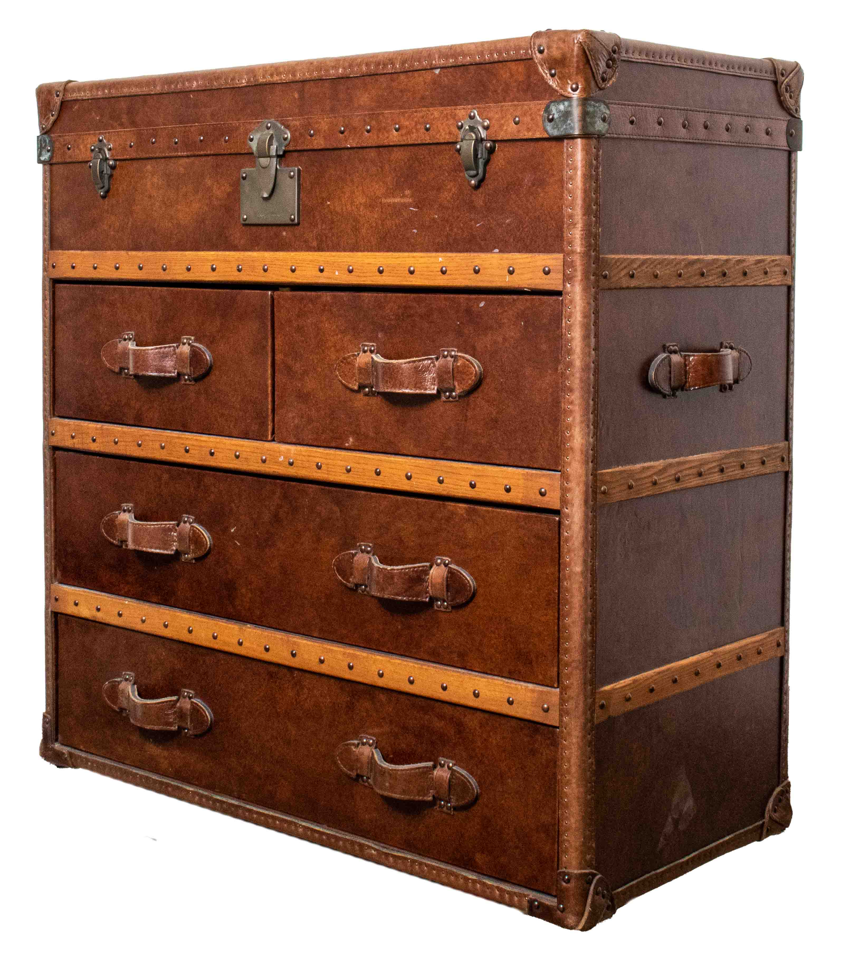 Appraisal: LEATHER BOUND STEAMER TRUNK CHEST OF DRAWERS Leather-bound steamer trunk