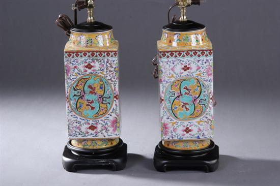 Appraisal: PAIR CHINESE FAMILLE ROSE VASES Electrified - in high