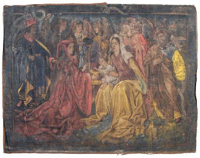 Appraisal: Pre-Raphaelite wall hanging holy family with donors and angels Latin